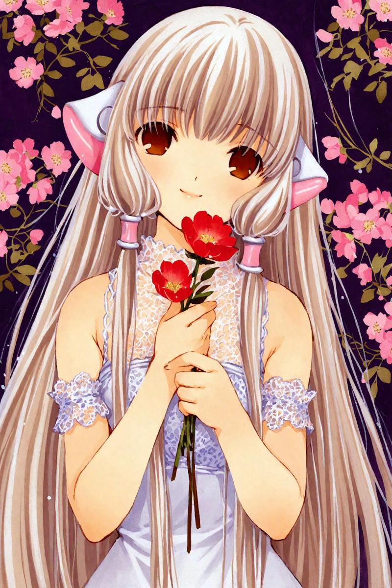 33483-1451618220-Chobits,_CHII,1girl,solo,flower,long hair,robot ears,holding,blonde hair,brown eyes,holding flower,light smile,hair tubes,lace,u.png